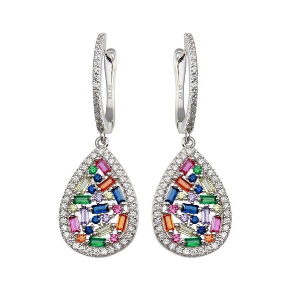 Silver 925 Multi Color Teardrop CZ Earrings - Picture 2 of 3
